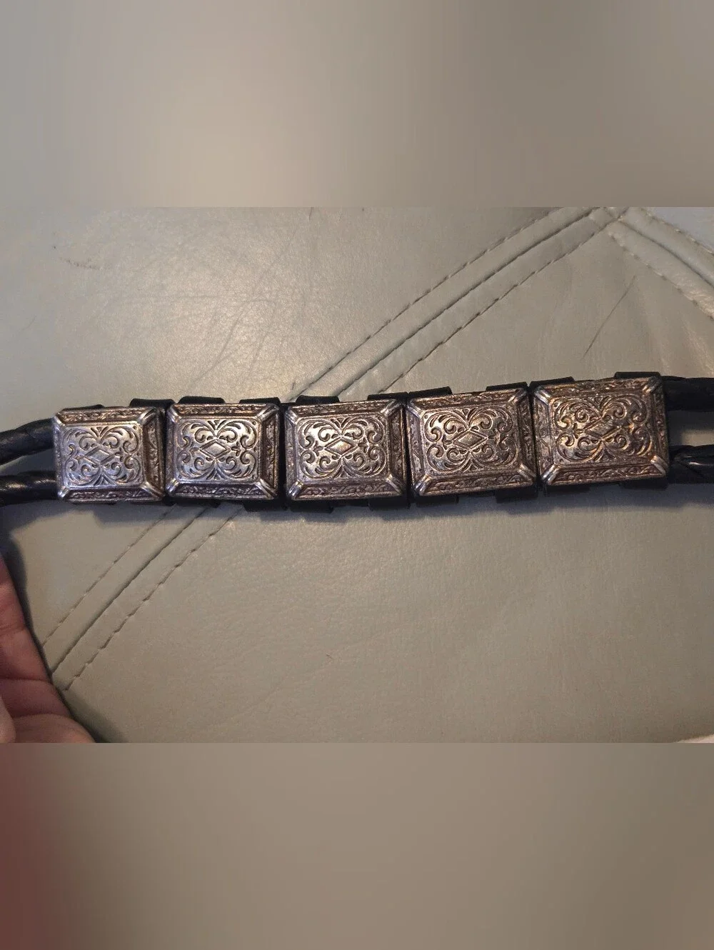 Vintage Fossil Black Leather Belt Braided Double Strand Western Concho Medium M